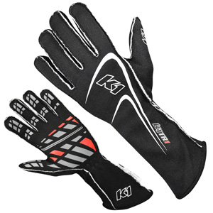 K1 Track 1 Adult Nomex Auto Racing Gloves  - Black - Size XL